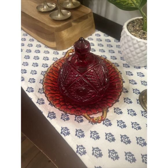 Vintage Art Glass Carved Cheese Or Candy Dish Serving Ruby Red - Picture 3 of 7